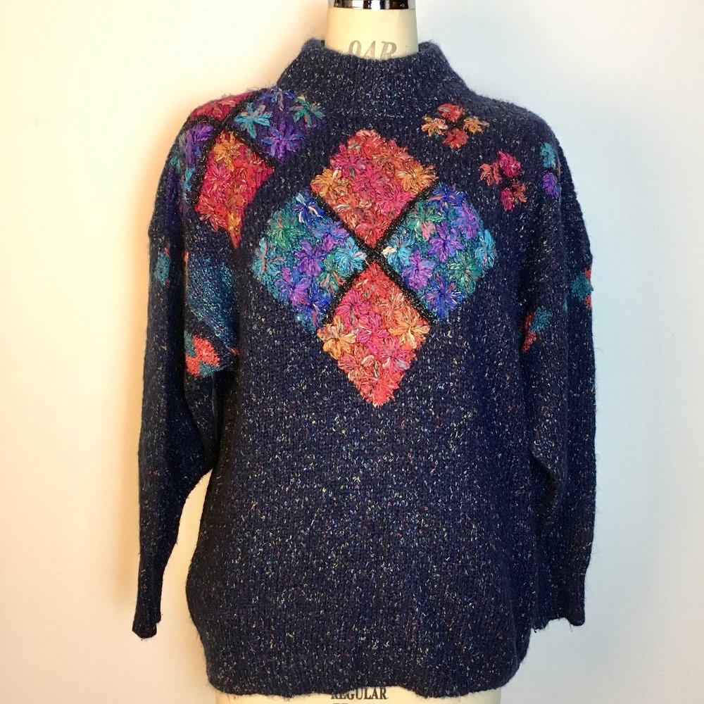 Vintage 80s MarieaKim Lurex Geo Floral Statement Sweater